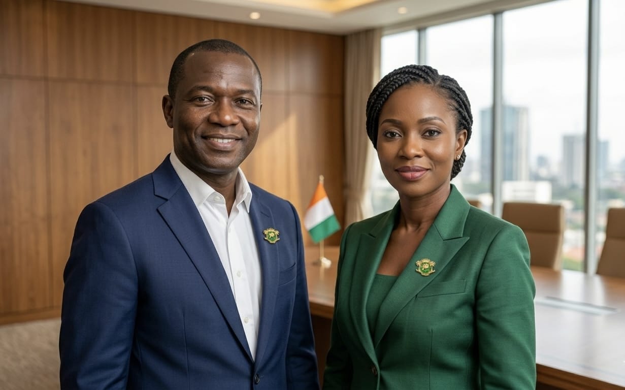 Couple de professionnels portant le pin's armoiries Côte d'Ivoire