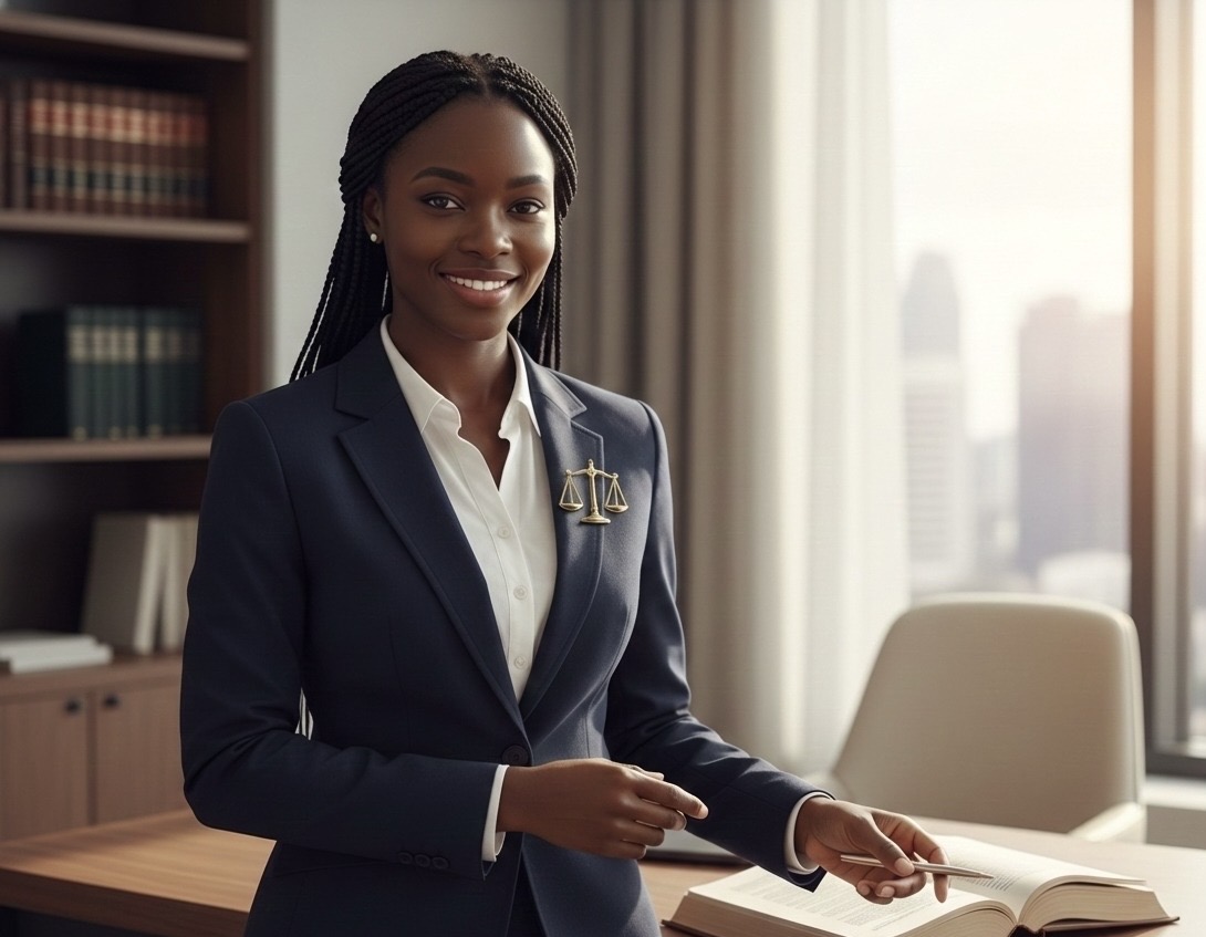Avocate en tailleur portant le pin's balance de justice