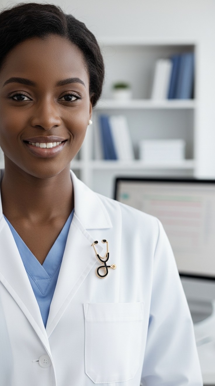 Médecin en blouse blanche portant le pin's stéthoscope
